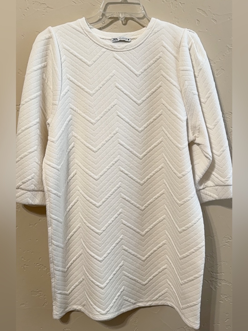 Zara White Chevron Quilted Long Sleeve Shift Dress